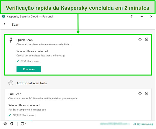 Captura de tela da tela de resultado da verificação rápida do aplicativo Kaspersky Antivirus para desktop.