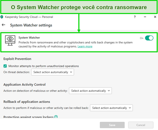 Captura de tela da tela de configurações do Kaspersky System Watcher que permite a personalização da proteção contra ransomware.
