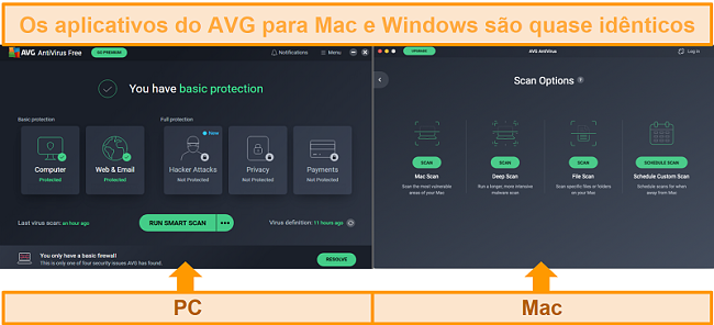 Captura de tela comparando os painéis de aplicativos antivírus do AVG para PC e Mac
