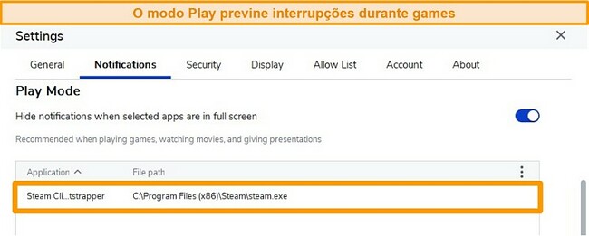Captura de tela do programa antivírus Malwarebytes com Play Mode ativado para interromper as notificações ao jogar em aplicativos como o Steam