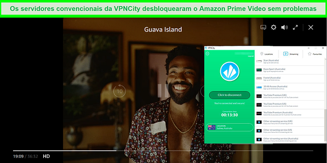 Captura de tela do Amazon Prime Video streaming de Guava Island enquanto conectado a um servidor VPNCity na Austrália