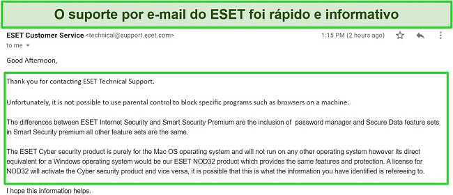 Captura de tela da resposta de suporte por email da ESET