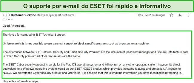 Captura de tela da resposta de suporte por email da ESET