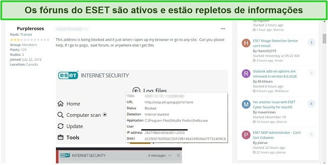 Captura de tela do fórum da comunidade da ESET