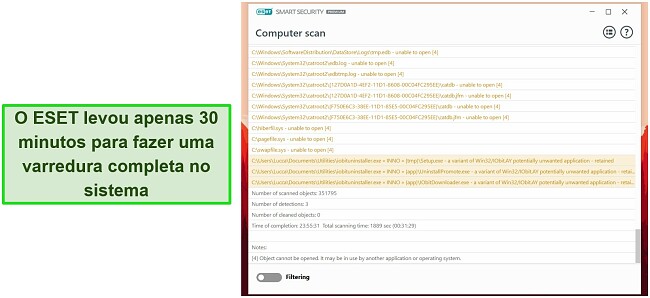 Captura de tela da verificação completa do sistema da ESET