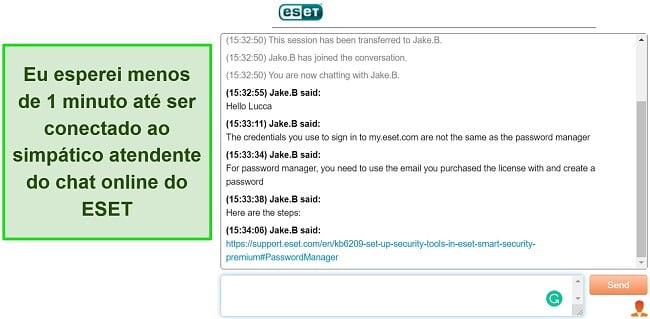 Captura de tela do bate-papo ao vivo da ESET