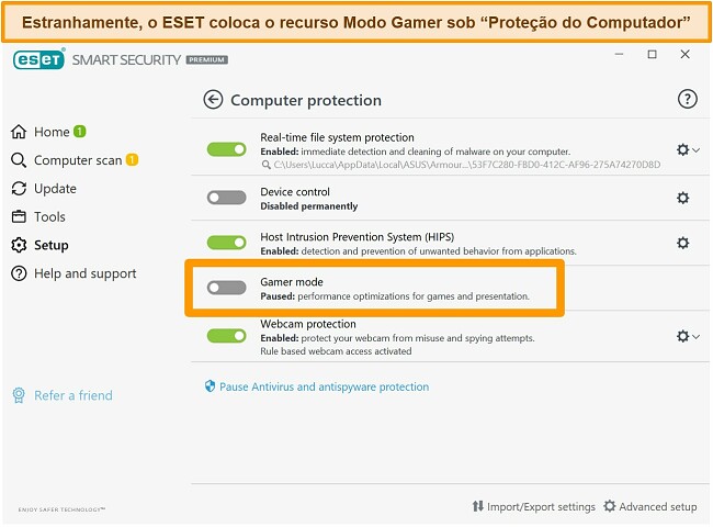 Captura de tela da interface da área de trabalho da ESET