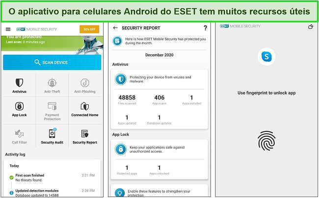 Captura de tela dos menus do aplicativo ESET Mobile Security