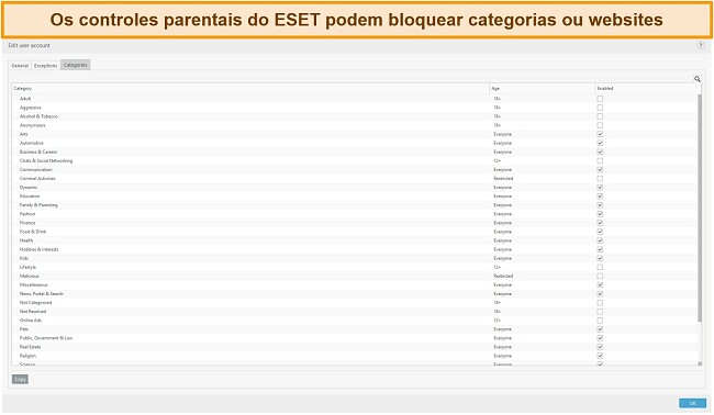 Captura de tela dos controles dos pais da ESET