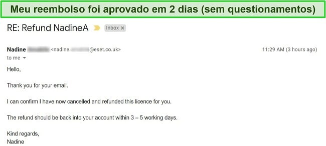 Captura de tela de um e-mail de aprovação de reembolso do suporte da ESET