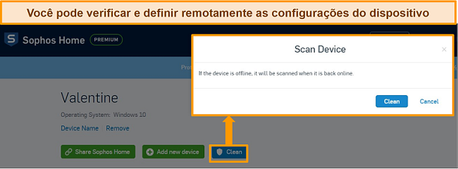 Captura de tela do painel do antivírus Sophos com verificação remota em destaque