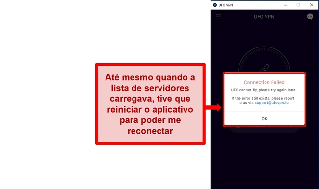 Captura de tela do erro de conexão do UFO VPN