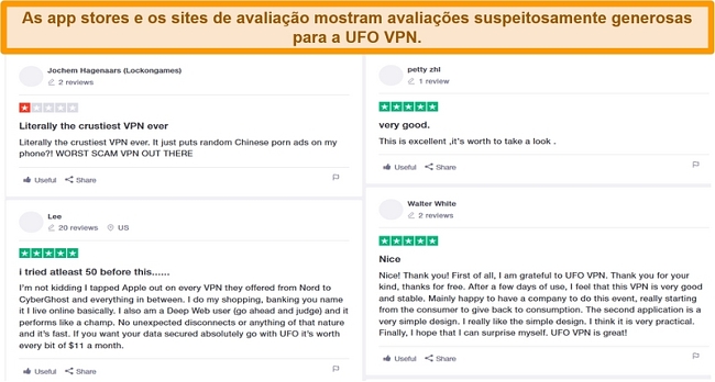 Captura de tela de avaliações de UFO VPN na Trustpilot.com