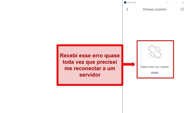 Captura de tela do erro da lista de servidores UFO VPN