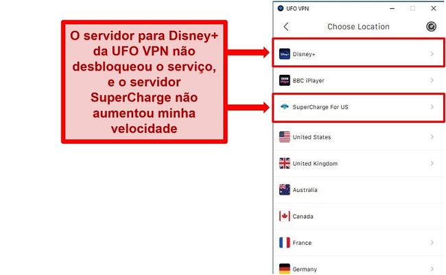 Captura de tela da lista de servidores UFO VPN