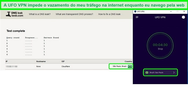 Captura de tela de um teste de vazamento de DNS bem-sucedido enquanto conectado a um servidor UFO VPN no Brasil