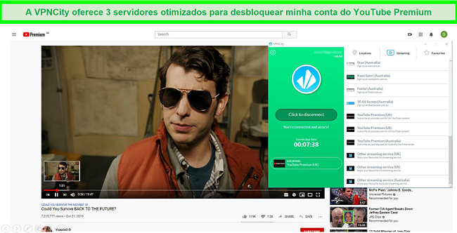 Captura de tela do YouTube Premium tocando em HD quando conectado ao servidor de streaming do VPNCity YouTube Premium UK