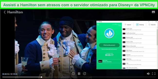 Captura de tela de Hamilton jogando no Disney + quando conectado ao servidor de streaming DIsney Plus Australia do VPNCity