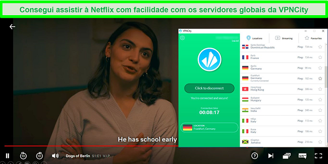 Captura de tela que transmite Netflix Dogs of Berlin enquanto o VPNCity está conectado ao servidor na Alemanha