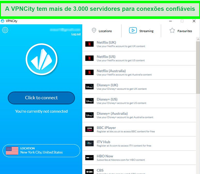 Captura de tela da IU do VPNCity mostrando uma lista de servidores de streaming ao vivo