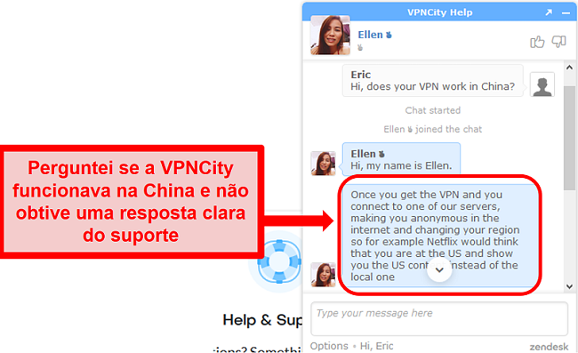 Captura de tela do suporte de chat ao vivo do VPNCity.com