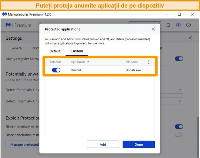 Captură de ecran a listei de aplicații protejate de Malwarebytes Protection.