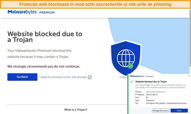 Captură de ecran a Protecției Web Malwarebytes care blochează activ un site web care găzduiește malware