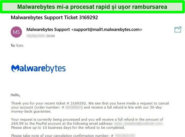 Captură de ecran a procesului de rambursare Malwarebytes cu un răspuns prin e-mail la un bilet de cerere de rambursare.
