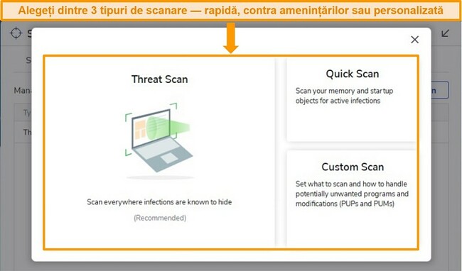 Captură de ecran a opțiunilor de scanare a virusului Malwarebytes.