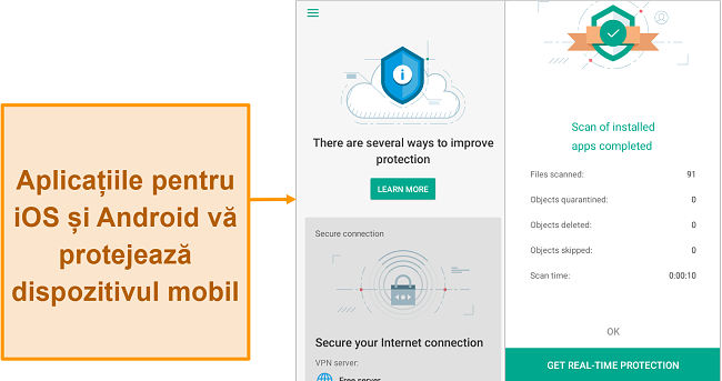 Captură de ecran a Kaspersky Security Cloud pe iOS comparativ cu versiunea pentru Android