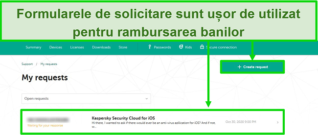 Captură de ecran a solicitărilor de asistență Kaspersky pe site-ul web Kaspersky.