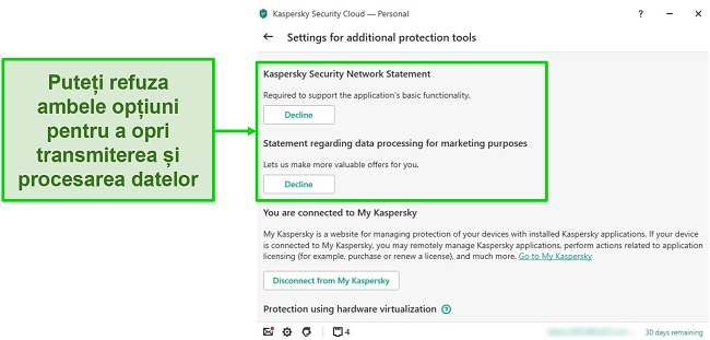 Captură de ecran a opțiunilor desktop Kaspersky pentru dezactivarea colectării datelor personale.
