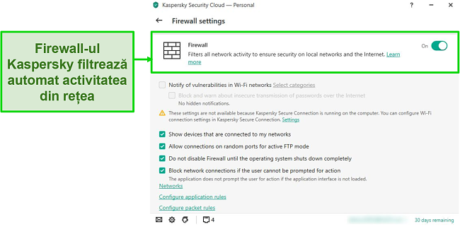 Captură de ecran a setărilor firewall-ului desktop Kaspersky care vă permit să personalizați regulile și filtrele sale.