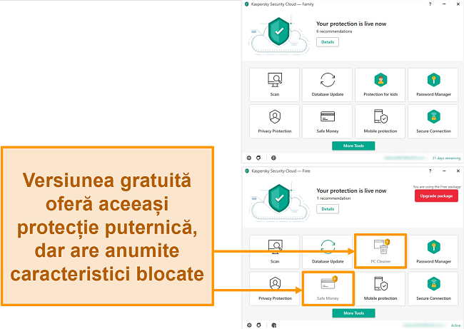Captură de ecran a desktopului Kaspersky Security Cloud Free care prezintă caracteristici blocate în raport cu o versiune premium.