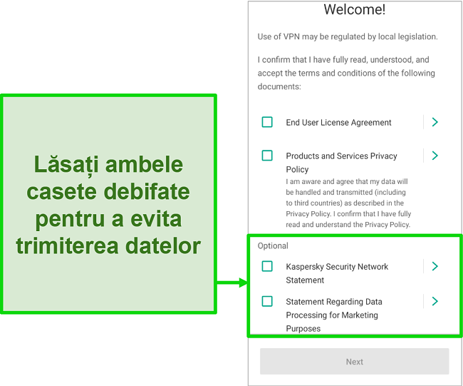 Captură de ecran a aplicației mobile Kaspersky Antivirus care afișează ecranul de renunțare la colectarea datelor din meniul de întâmpinare.