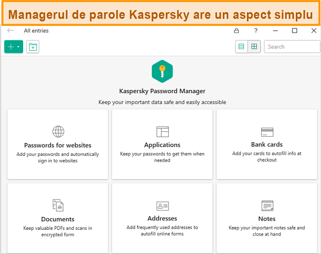 Captură de ecran a aplicației Kaspersky Password Manager, cu alegerea de a adăuga parole, carduri bancare, adrese și documente.