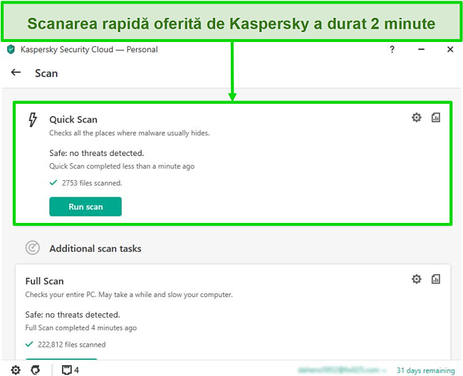 Captură de ecran a ecranului cu rezultate de scanare rapidă a aplicației desktop Kaspersky Antivirus.