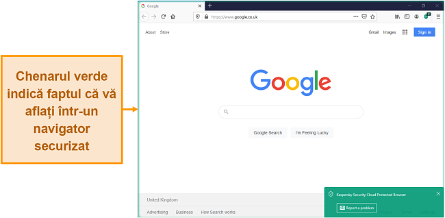 Captură de ecran a browserului Kaspersky Security Cloud Protected cu o notificare sigură.