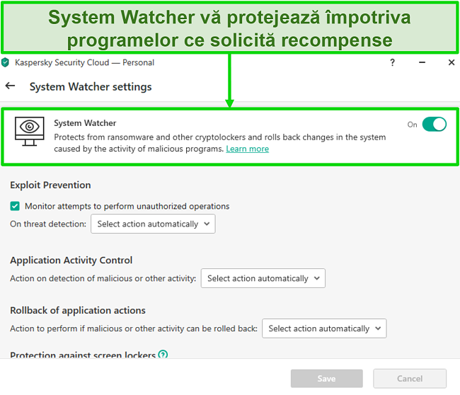 Captură de ecran a ecranului de setări Kaspersky System Watcher care permite personalizarea protecției împotriva ransomware-ului.