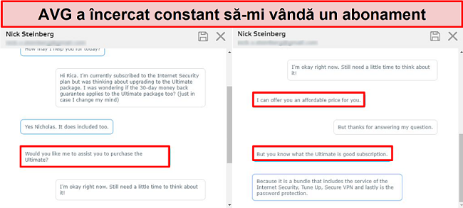 Captură de ecran care arată instrumentul de chat live al AVG