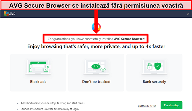 Captură de ecran a ecranului de pornire al browserului AVG Secure Browser.