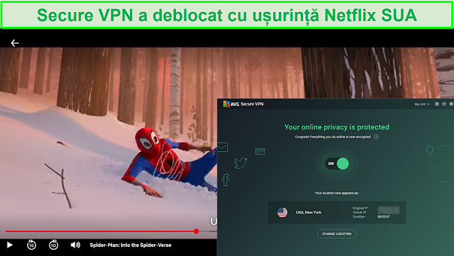 Captură de ecran a AVG SecureVPN care deblochează Netflix SUA
