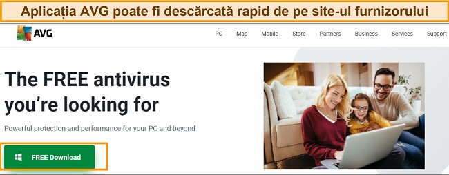 Captură de ecran a paginii de pornire AVG care arată butonul de descărcare