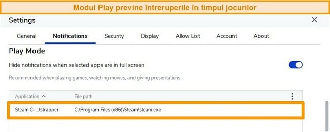 Captură de ecran a programului antivirus Malwarebytes cu modul Play activat pentru a opri notificările atunci când joci pe aplicații precum Steam