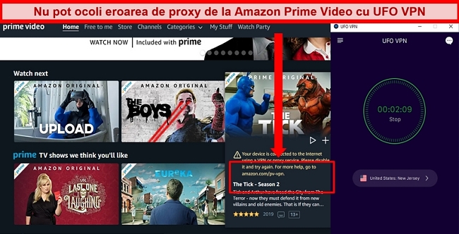 Captură de ecran a erorii proxy a Amazon Prime Video în timp ce sunteți conectat la serverul UFO VPN din New Jersey
