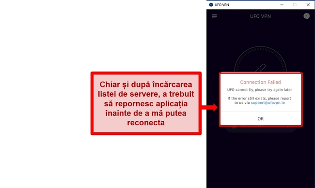 Captură de ecran a erorii de conexiune UFO VPN