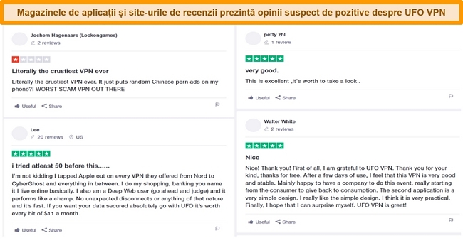 Captură de ecran a recenziilor VPN OZN de pe Trustpilot.com