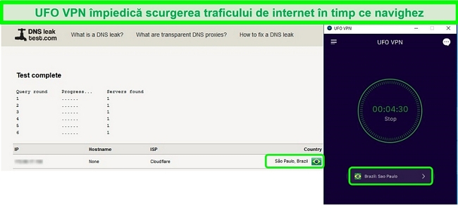 Captură de ecran a unui test de scurgere DNS de succes în timp ce sunteți conectat la un server VPN OZN din Brazilia