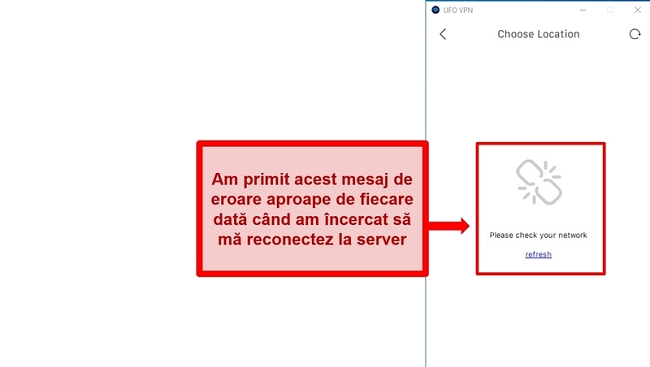 Captură de ecran a erorii listei serverului UFO VPN