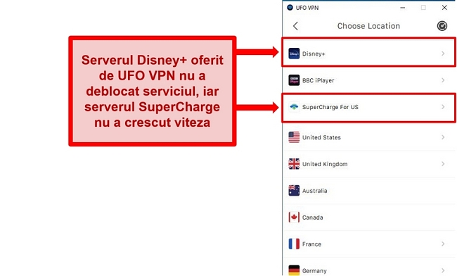 Captură de ecran a listei serverelor UFO VPN